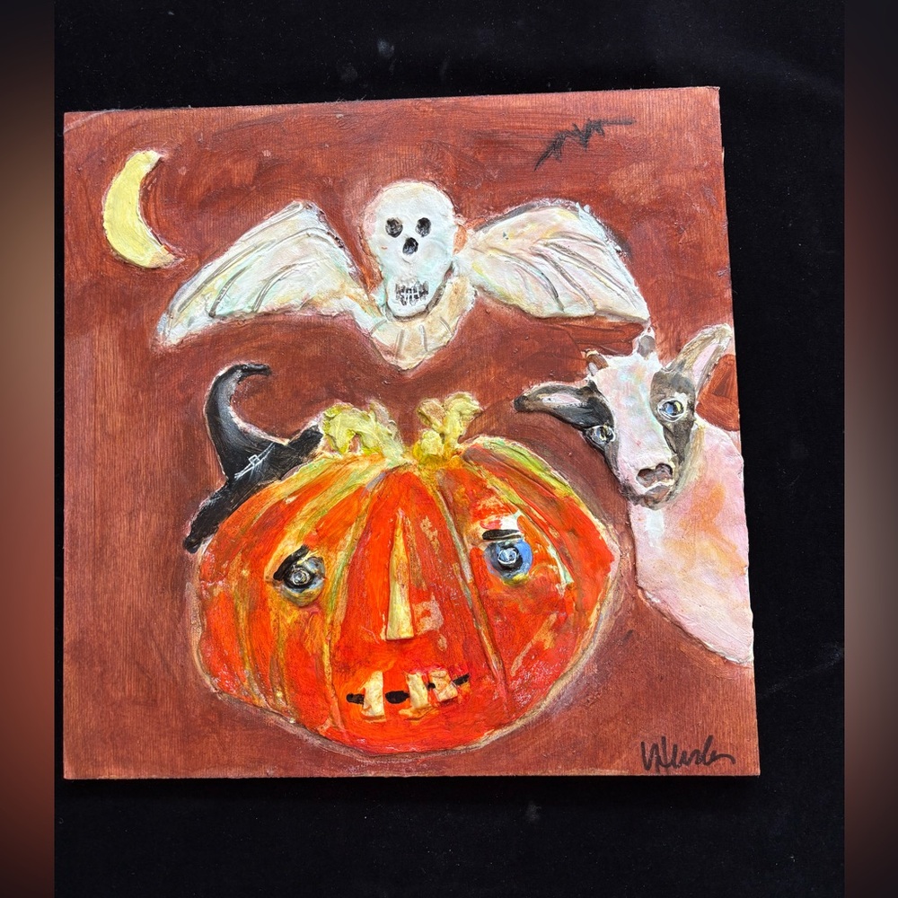 “Halloween With Goat Folk Art Acryli & Paper Clay Handmade Original 12”x12” Wood